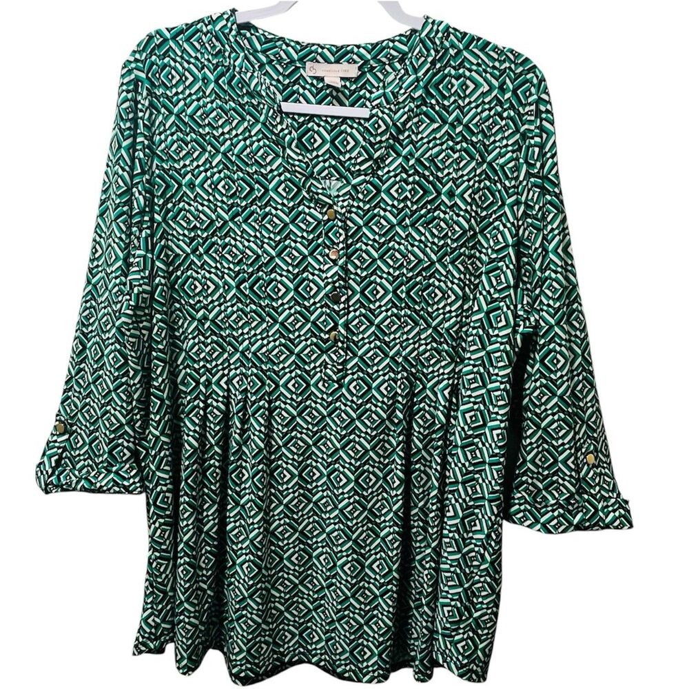 Dressbarn Green Geometric Blouse 2X 70s Mod Optical Print Roll Tab Sleeve Tunic